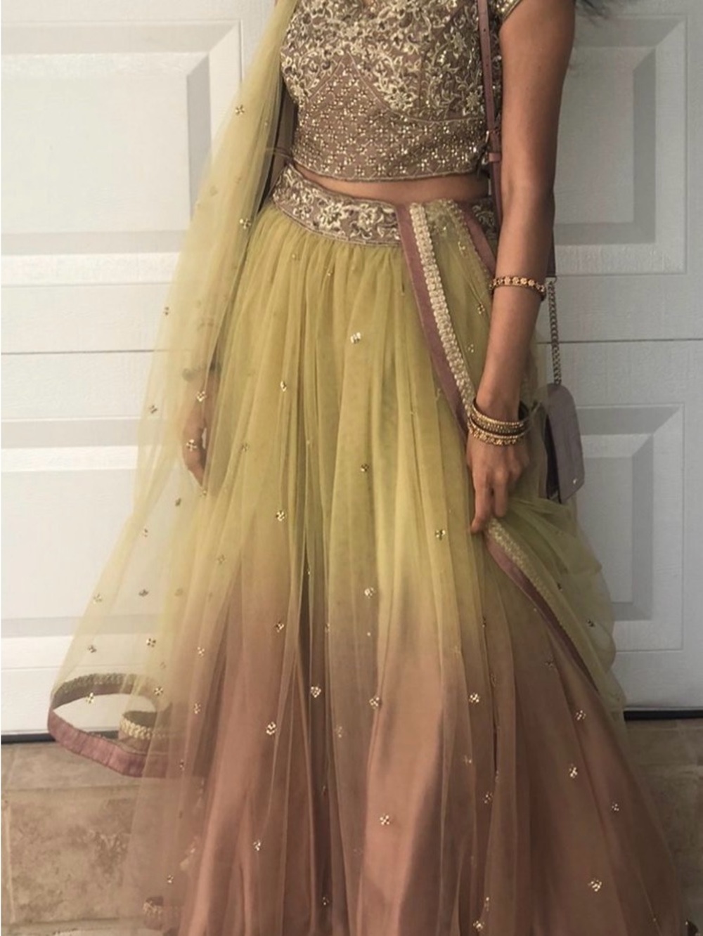 Embellished Ombre Lehenga Dress in Olive Green and Blush - Picture 2 of 2